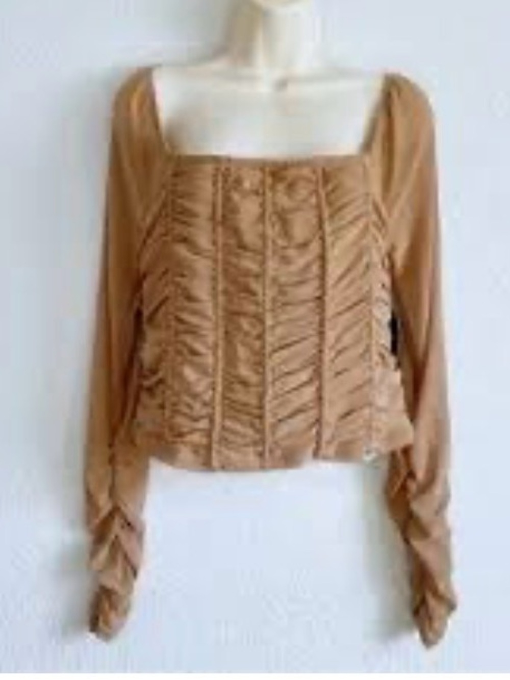 Square-Neck Ruched Long Sleeve Top in Taupe